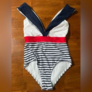 Modcloth Navy White Red Striped One-Piece Swimsuit